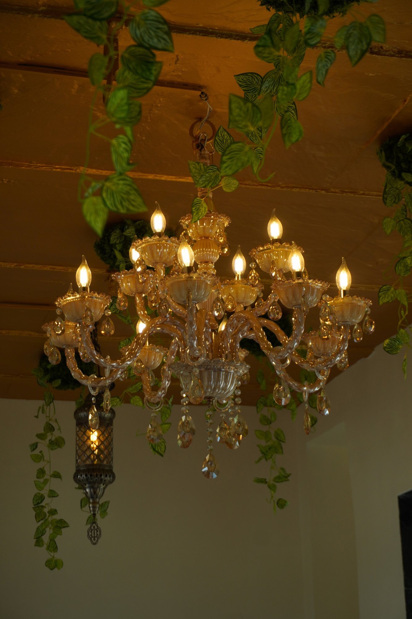 Crystal chandelier with trailing greenery at Alora Delhi