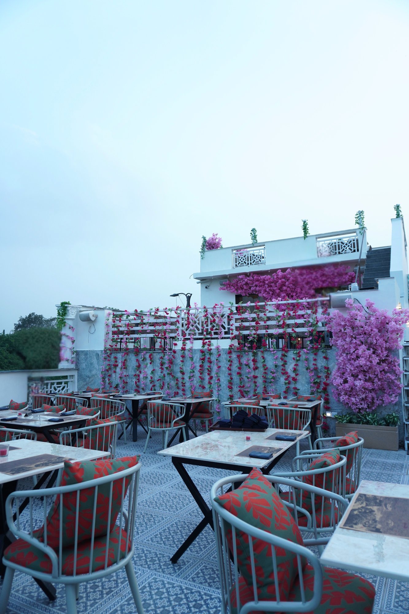Alora Delhi terrace with bougainvillea at dusk